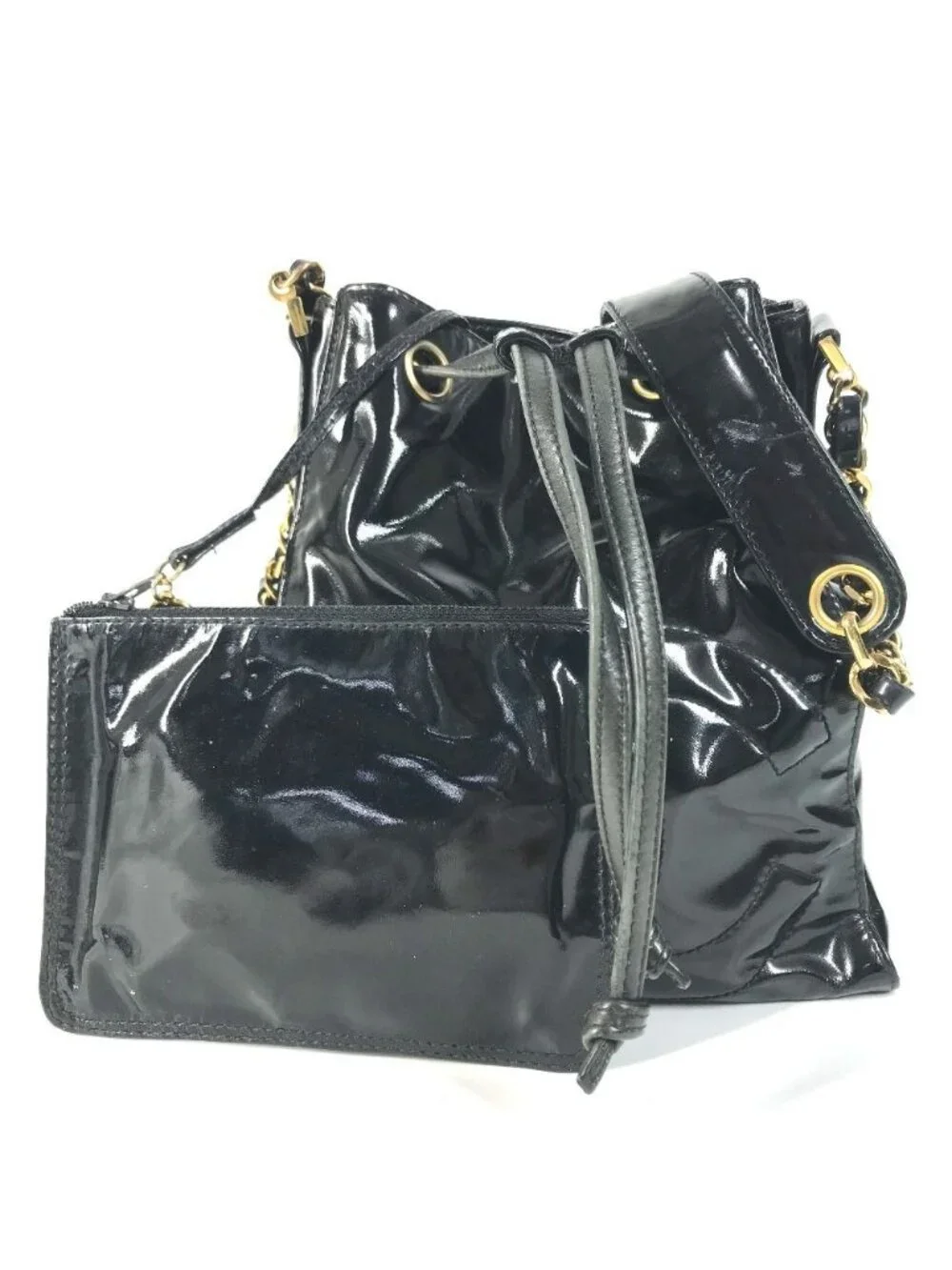 Chanel Shoulder Bag Drawstring CC Logo Enamel Black